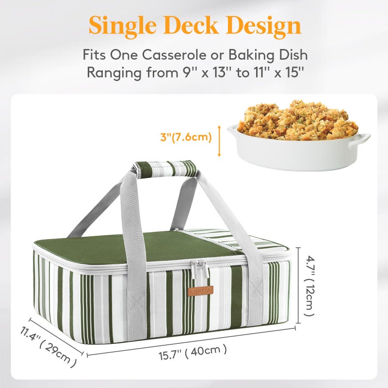 LUNCIA Insulated Casserole Carrier for Hot or Cold Food, Lasagna Lugger Tote for Potluck Parties/Picnic/Cookouts, Fits 9""  13"" Baking Dish, Dark Green - Image 2
